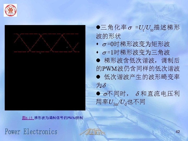 l三角化率 s =Ut/Uto描述梯形 波的形状 s s =0时梯形波变为矩形波 s s =1时梯形波变为三角波 l 梯形波含低次谐波，调制后 的PWM波仍含同样的低次谐波 l