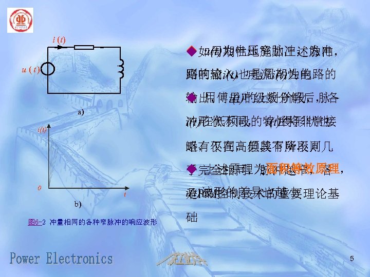 i (t) u如周期性地施加上述脉冲， u(t)为电压窄脉冲，为电 u ( t) 则响应i(t)也是周期性的 路的输入，电流i(t)为电路的 输出， i(t)的上升阶段，脉 u 用傅里叶级数分解后，各 a)