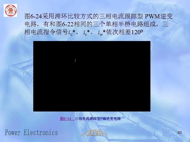 图 6 -24采用滞环比较方式的三相电流跟踪型 PWM逆变 电路，有和图 6 -22相同的三个单相半桥电路组成，三 相电流指令信号iu*、 iv*、 iw*依次相差 1200 图 6 -24