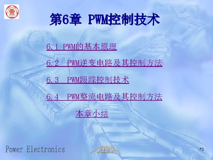 第 6章 PWM控制技术 6. 1 PWM的基本原理 6. 2 PWM逆变电路及其控制方法 6. 3 PWM跟踪控制技术 6. 4