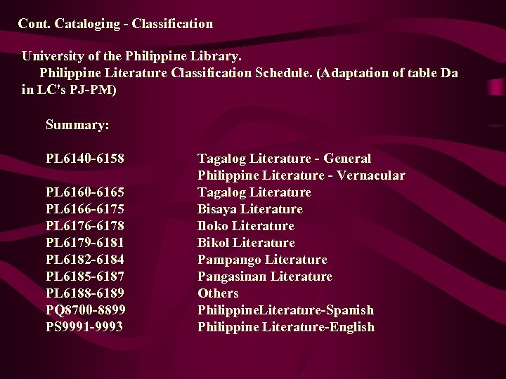 Cont. Cataloging - Classification University of the Philippine Library. Philippine Literature Classification Schedule. (Adaptation