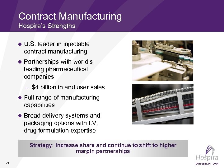 Contract Manufacturing Hospira’s Strengths l U. S. leader in injectable contract manufacturing l Partnerships