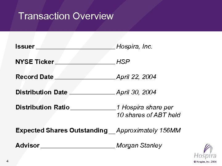 Transaction Overview Issuer NYSE Ticker HSP Record Date April 22, 2004 Distribution Date April
