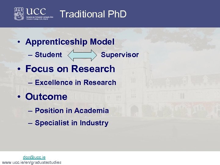 Traditional Ph. D • Apprenticeship Model – Student Supervisor • Focus on Research –