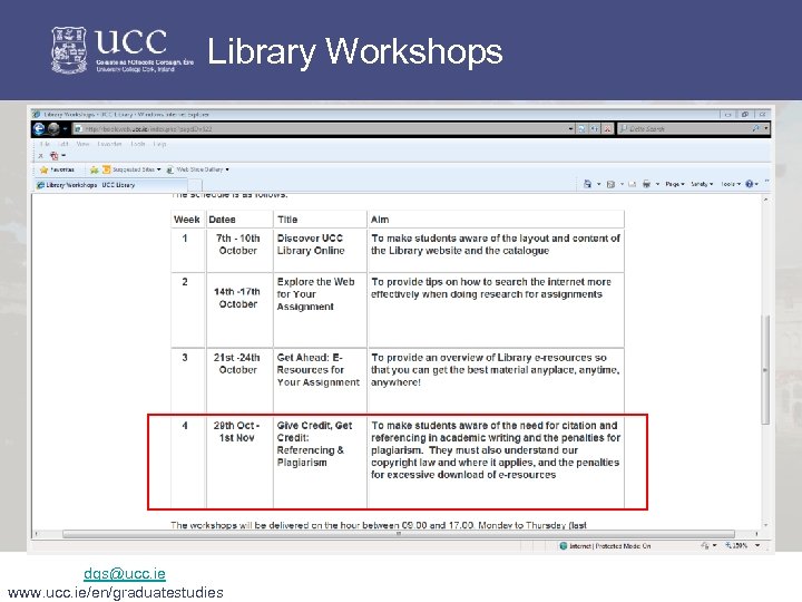 Library Workshops dgs@ucc. ie www. ucc. ie/en/graduatestudies 