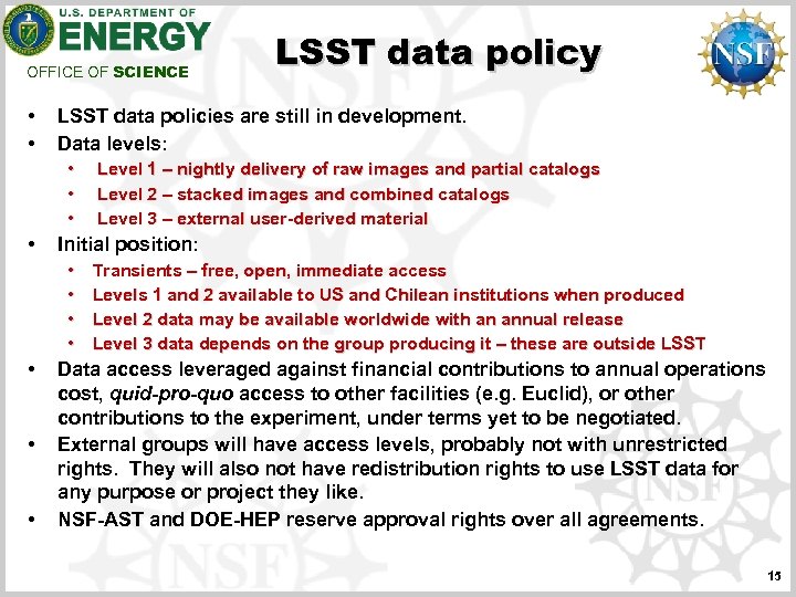 OFFICE OF SCIENCE • • LSST data policies are still in development. Data levels: