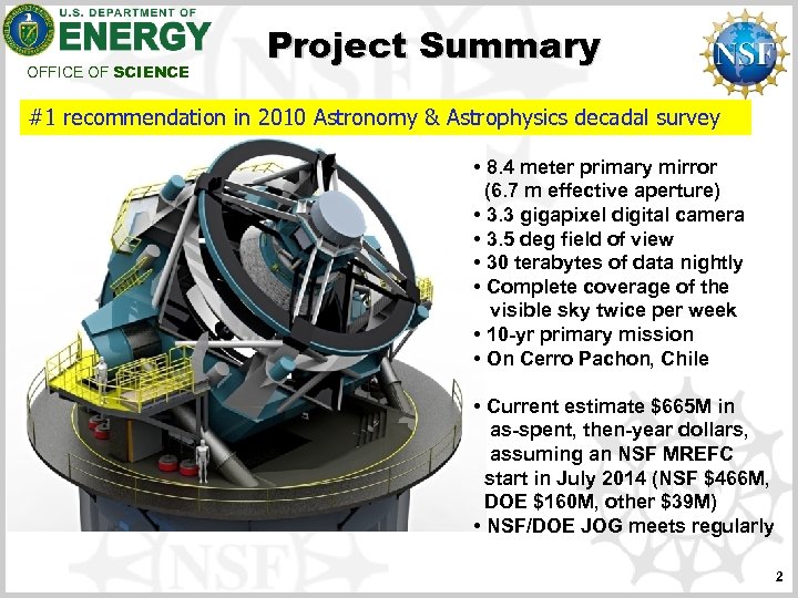 OFFICE OF SCIENCE Project Summary #1 recommendation in 2010 Astronomy & Astrophysics decadal survey