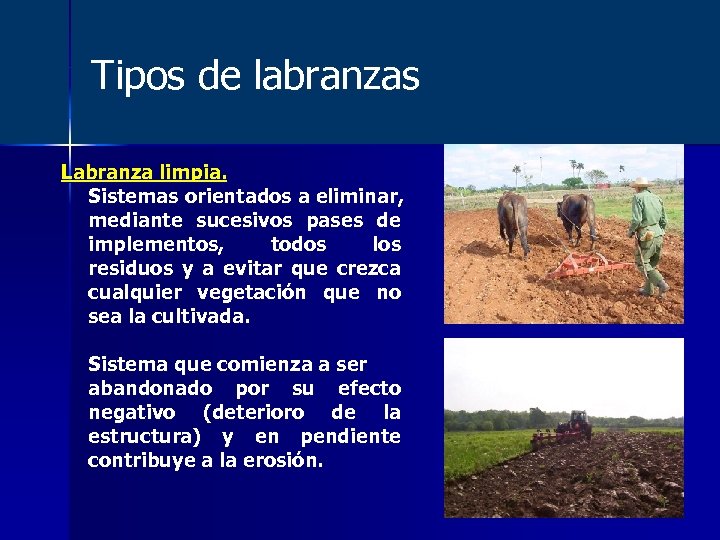 Tipos de labranzas Labranza limpia. Sistemas orientados a eliminar, mediante sucesivos pases de implementos,