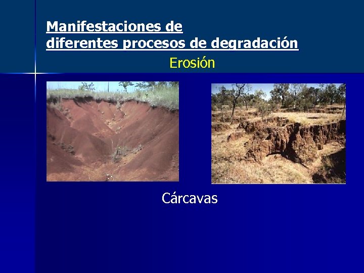 Manifestaciones de diferentes procesos de degradación Erosión Cárcavas 