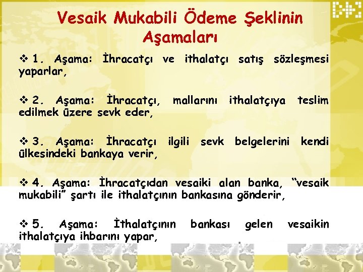 Vesaik Mukabili Ödeme Şeklinin Aşamaları v 1. Aşama: İhracatçı ve ithalatçı satış sözleşmesi yaparlar,