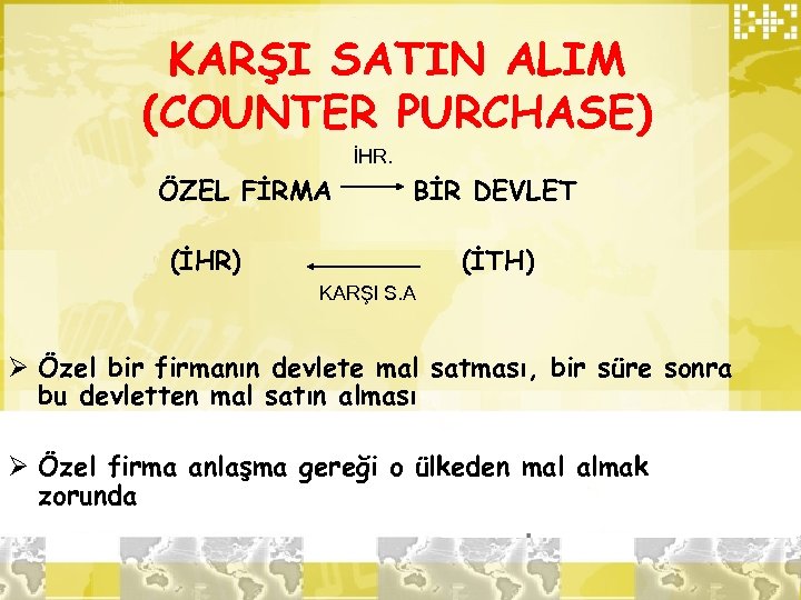 KARŞI SATIN ALIM (COUNTER PURCHASE) İHR. ÖZEL FİRMA BİR DEVLET (İHR) (İTH) KARŞI S.