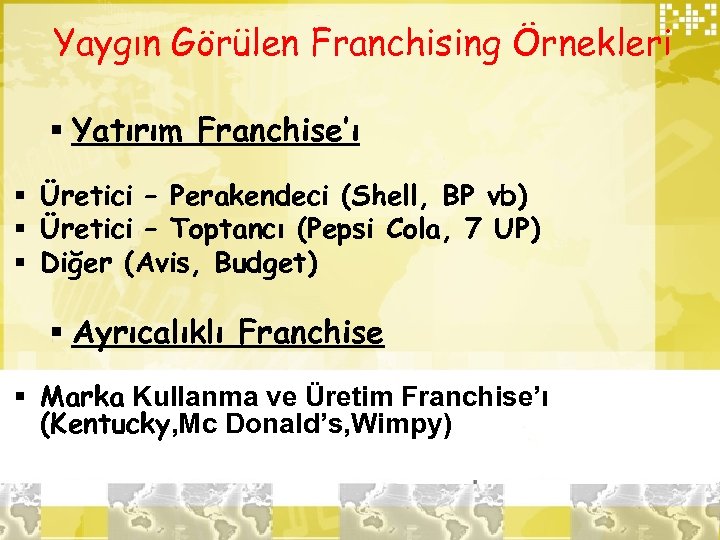 Yaygın Görülen Franchising Örnekleri § Yatırım Franchise’ı § Üretici – Perakendeci (Shell, BP vb)