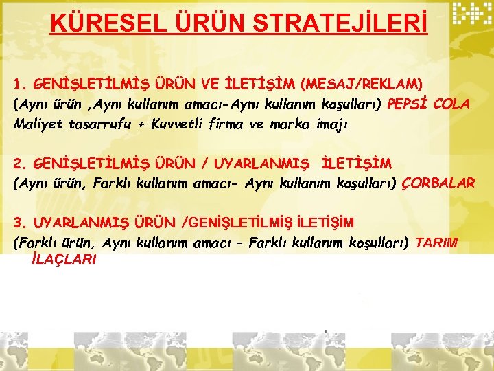 KÜRESEL ÜRÜN STRATEJİLERİ 1. GENİŞLETİLMİŞ ÜRÜN VE İLETİŞİM (MESAJ/REKLAM) (Aynı ürün , Aynı kullanım