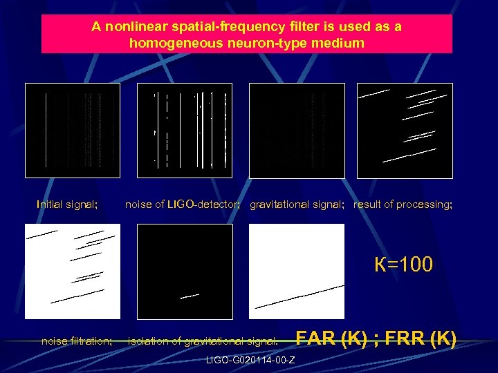 A nonlinear spatial-frequency filter is used as a homogeneous neuron-type medium Initial signal; noise