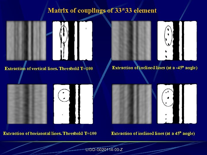 Matrix of couplings of 33*33 element Extraction of vertical lines. Threshold Т=100 Extraction of