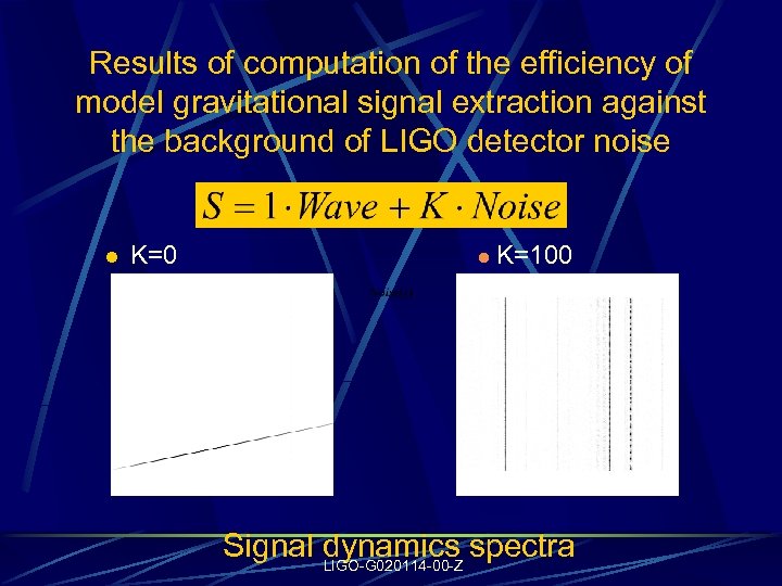 Results of computation of the efficiency of model gravitational signal extraction against the background