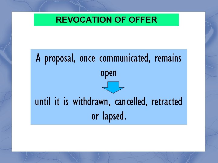 REVOCATION OF OFFER A proposal, once communicated, remains open until it is withdrawn, cancelled,