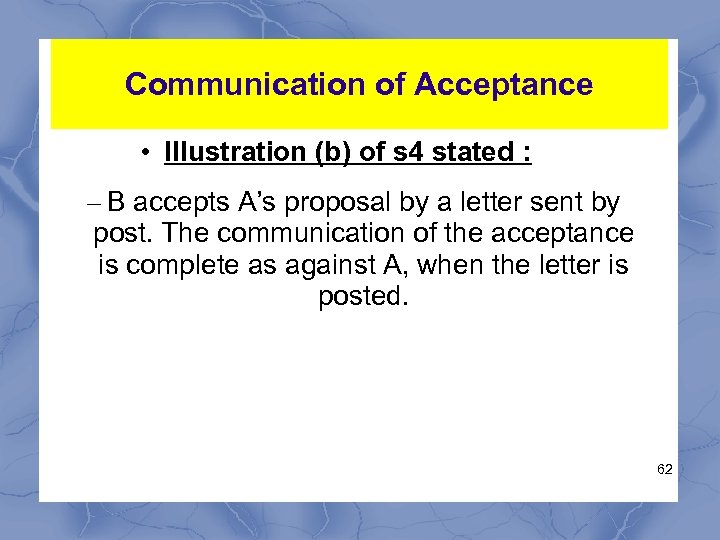 Communication of Acceptance • Illustration (b) of s 4 stated : – B accepts