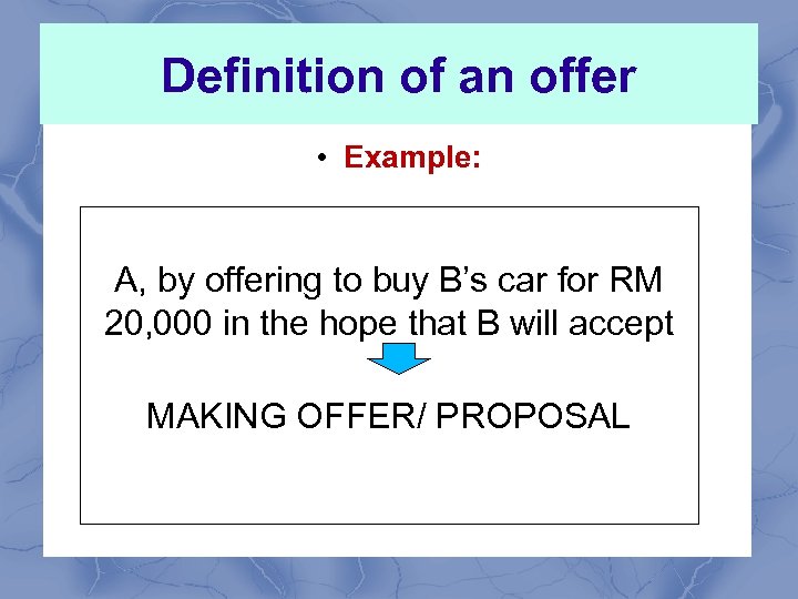 Definition of an offer • Example: A, by offering to buy B’s car for