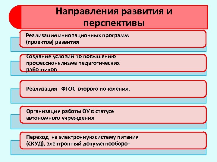 Направления развития и перспективы Реализация инновационных программ (проектов) развития Создание условий по повышению профессионализма