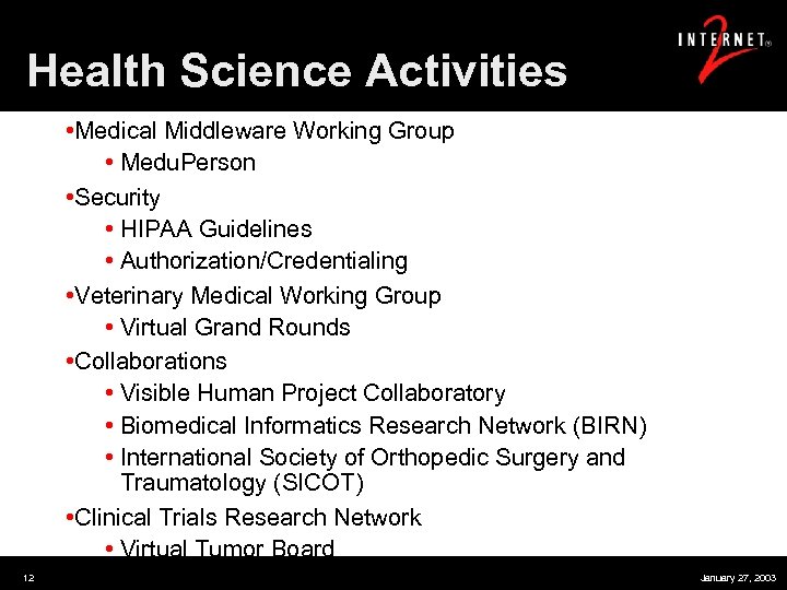Health Science Activities • Medical Middleware Working Group • Medu. Person • Security •