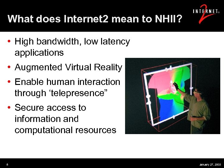 What does Internet 2 mean to NHII? • High bandwidth, low latency applications •