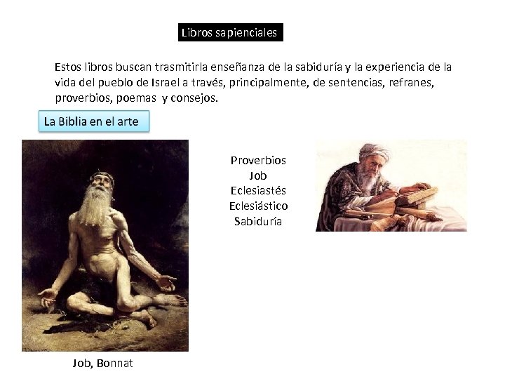 Libros sapienciales Estos libros buscan trasmitirla enseñanza de la sabiduría y la experiencia de