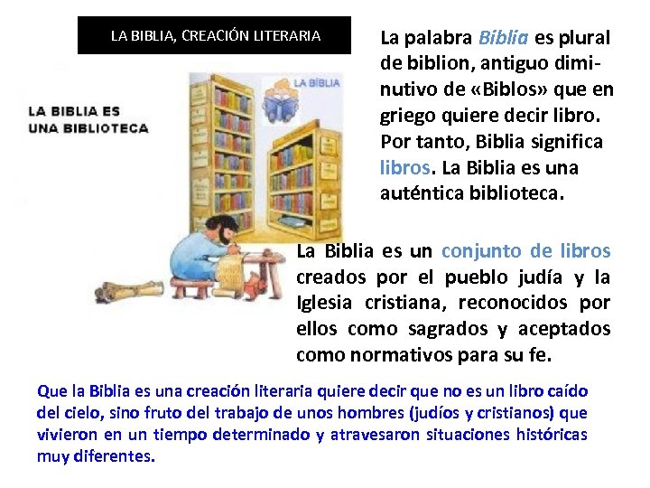 LA BIBLIA, CREACIÓN LITERARIA La palabra Biblia es plural de biblion, antiguo diminutivo de