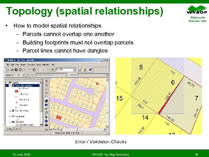 Topology (spatial relationships) • How to model spatial relationships – Parcels cannot overlap one