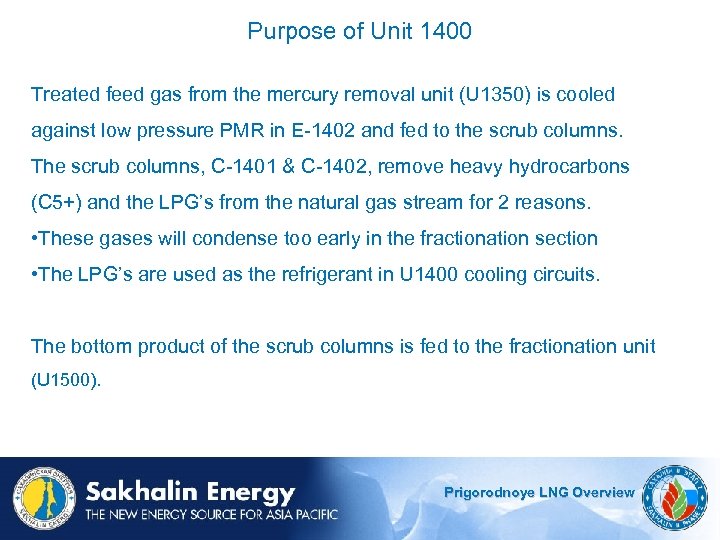 Purpose of Unit 1400 Treated feed gas from the mercury removal unit (U 1350)