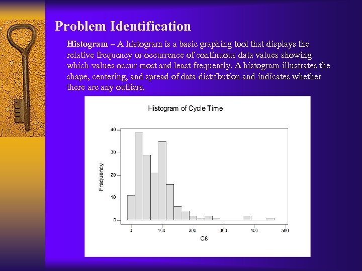 Problem Identification Histogram – A histogram is a basic graphing tool that displays the