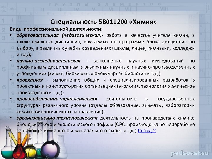 Специальность 5 В 011200 «Химия» Виды профессиональной деятельности: • образовательная (педагогическая)- работа в качестве