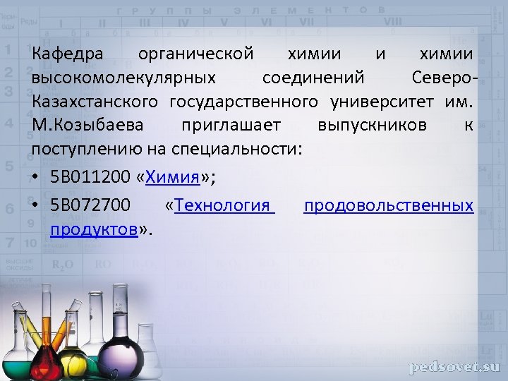 Кафедра органической химии и химии высокомолекулярных соединений Северо. Казахстанского государственного университет им. М. Козыбаева