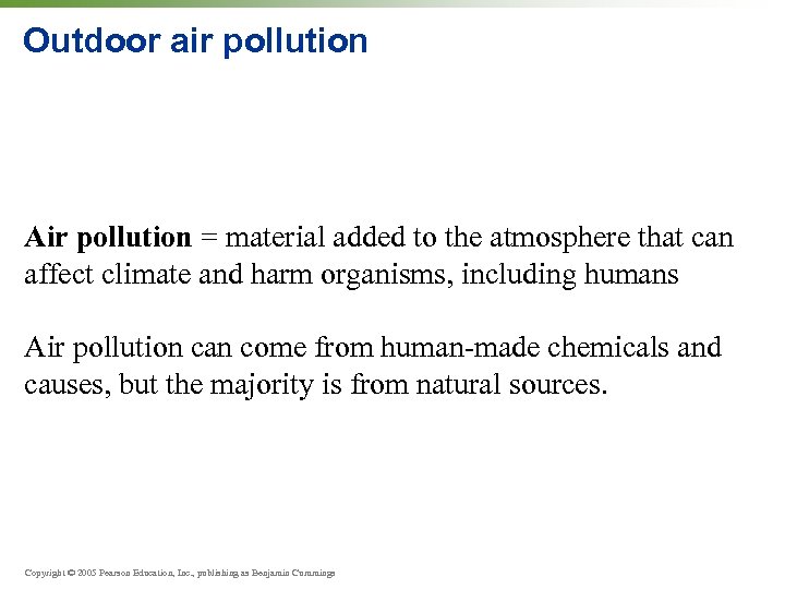 Outdoor air pollution Air pollution = material added to the atmosphere that can affect