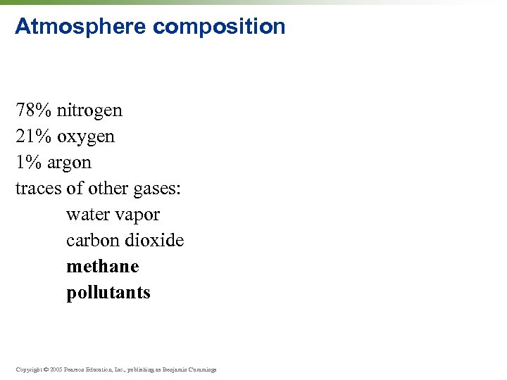 Atmosphere composition 78% nitrogen 21% oxygen 1% argon traces of other gases: water vapor