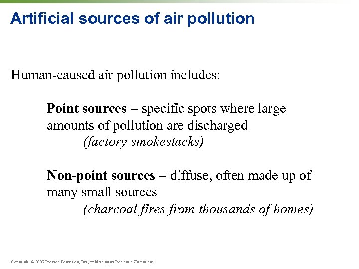 Artificial sources of air pollution Human-caused air pollution includes: Point sources = specific spots