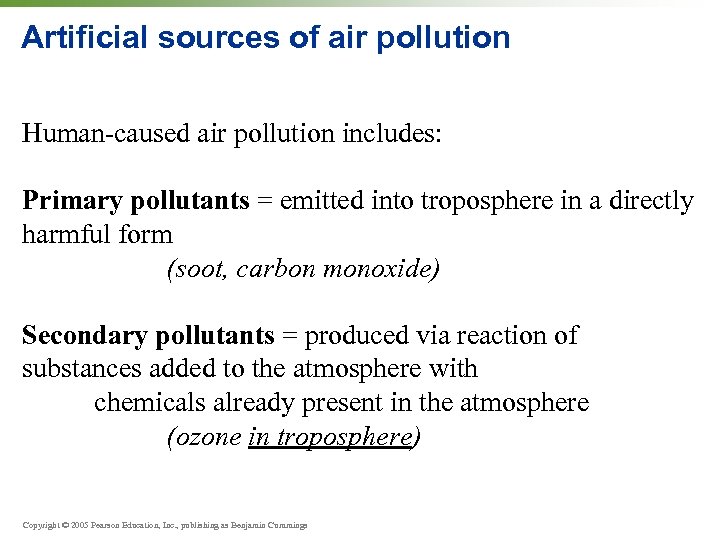 Artificial sources of air pollution Human-caused air pollution includes: Primary pollutants = emitted into