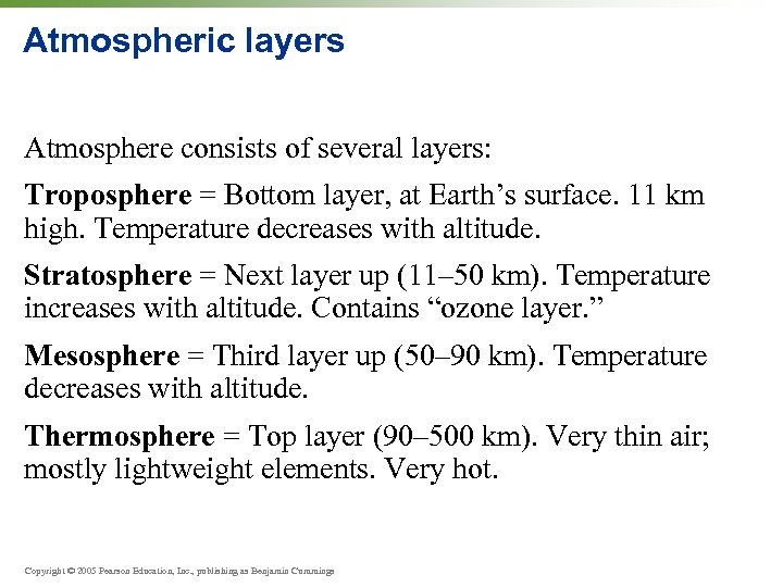 Atmospheric layers Atmosphere consists of several layers: Troposphere = Bottom layer, at Earth’s surface.