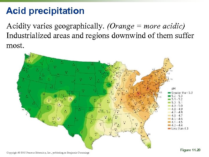 Acid precipitation Acidity varies geographically. (Orange = more acidic) Industrialized areas and regions downwind