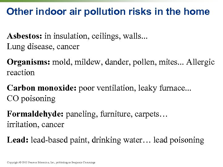 Other indoor air pollution risks in the home Asbestos: in insulation, ceilings, walls. .