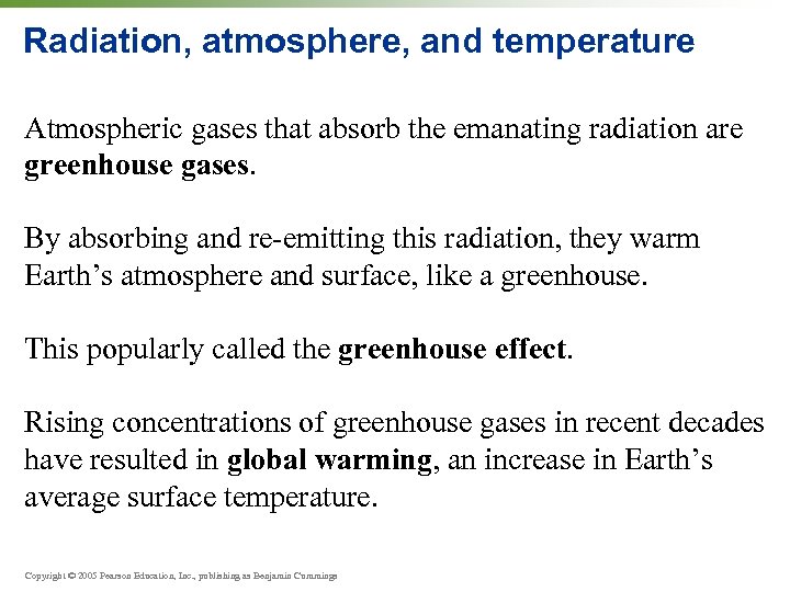 Radiation, atmosphere, and temperature Atmospheric gases that absorb the emanating radiation are greenhouse gases.