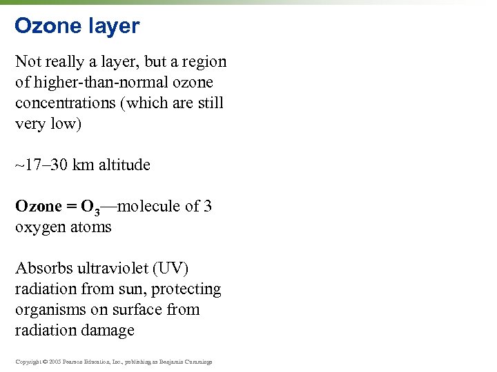 Ozone layer Not really a layer, but a region of higher-than-normal ozone concentrations (which