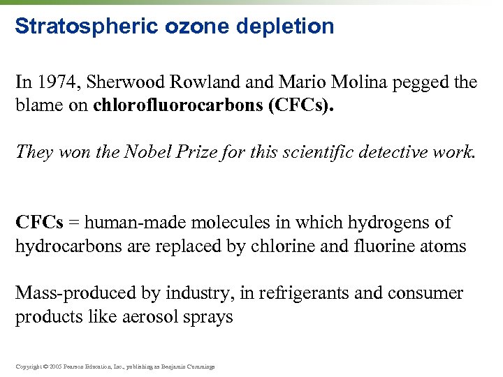 Stratospheric ozone depletion In 1974, Sherwood Rowland Mario Molina pegged the blame on chlorofluorocarbons