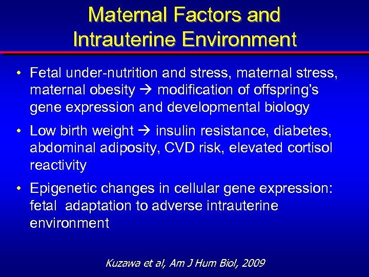 Maternal Factors and Intrauterine Environment • Fetal under-nutrition and stress, maternal obesity modification of