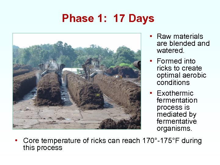 Phase 1: 17 Days • Raw materials are blended and watered. • Formed into