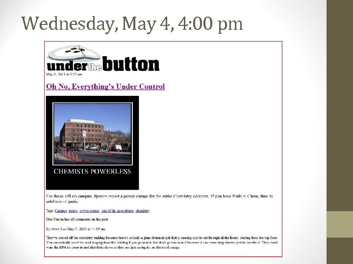 Wednesday, May 4, 4: 00 pm 