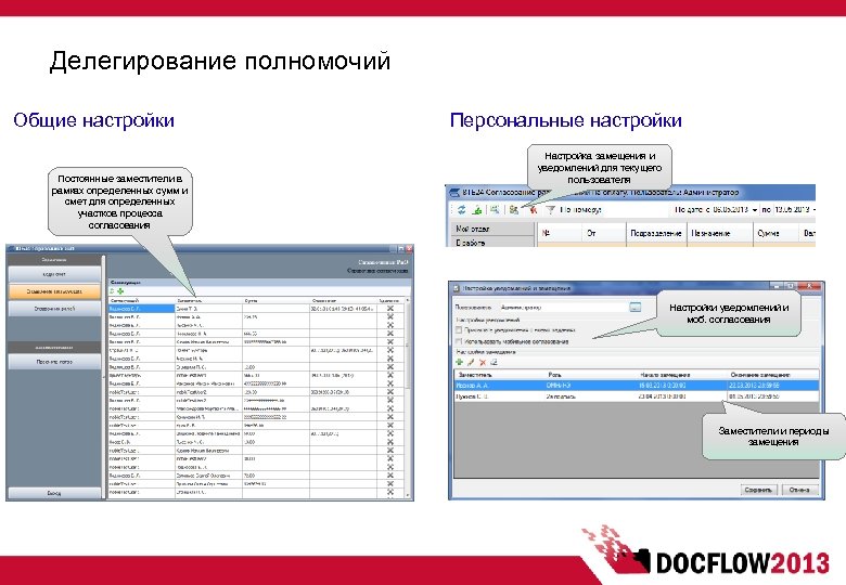 Делегирование полномочий Общие настройки Постоянные заместители в рамках определенных сумм и смет для определенных