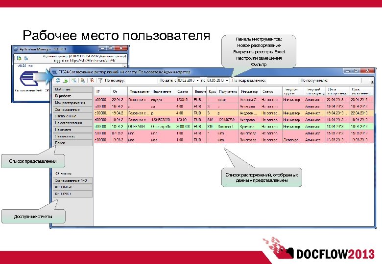 Рабочее место пользователя Панель инструментов: Новое распоряжение Выгрузить реестр в Excel Настройки замещения Фильтр