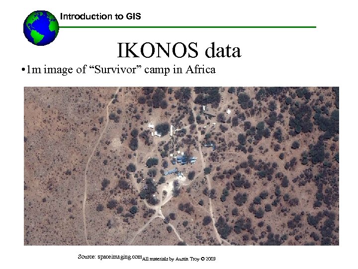 Introduction to GIS IKONOS data • 1 m image of “Survivor” camp in Africa