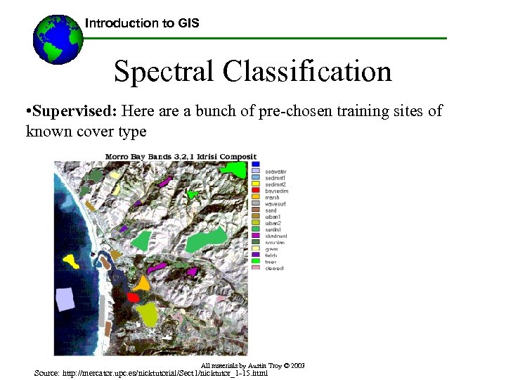 Introduction to GIS Spectral Classification • Supervised: Here a bunch of pre-chosen training sites